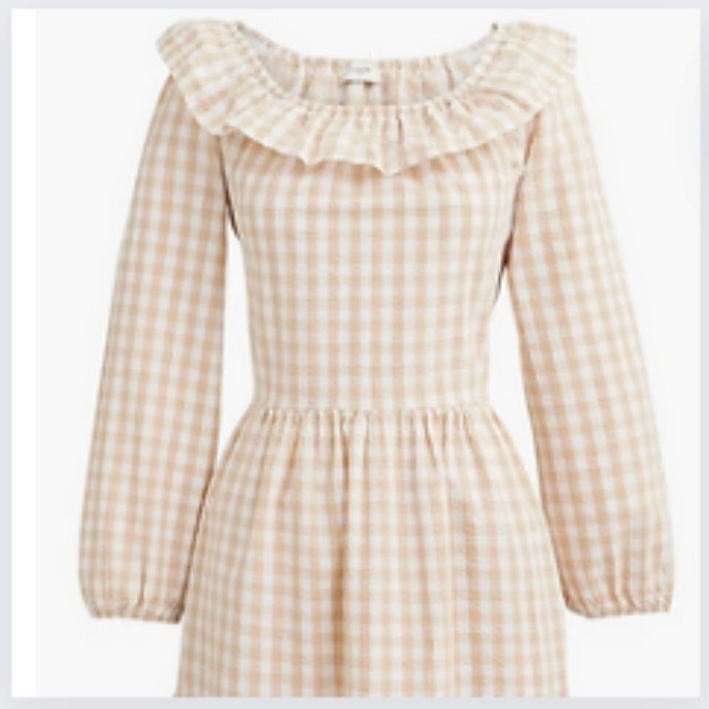 J. Crew Gingham Ruffleneck Mini dress, Light Khaki, Cottagecore, Tan White - Picture 4 of 5